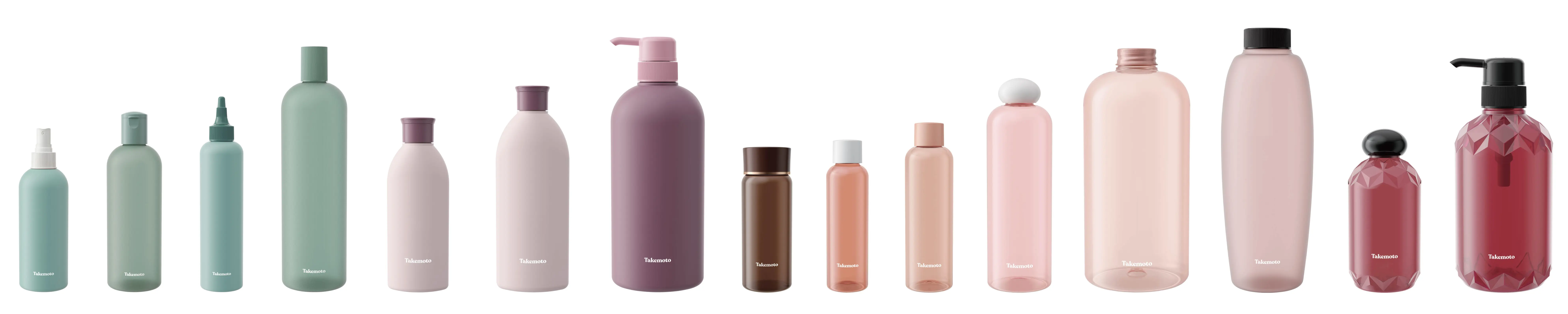 Takemoto premium cosmetic packaging collection featuring various bottle designs