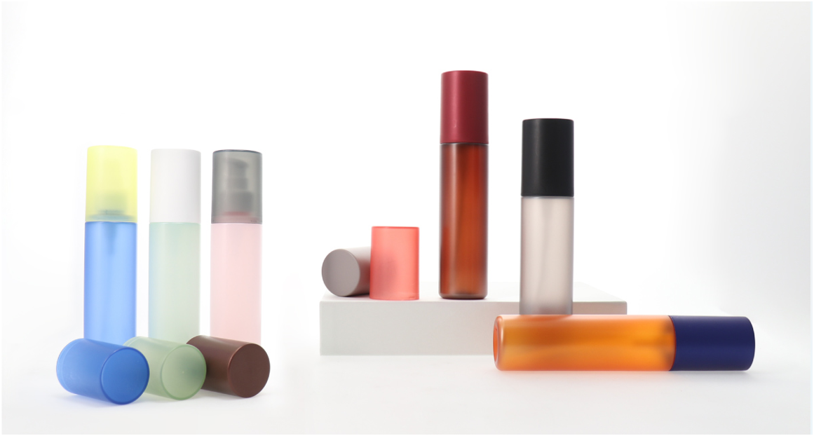 Premium cosmetic packaging bottles and containers arranged on a wooden tray, showcasing Takemoto's custom packaging solutions